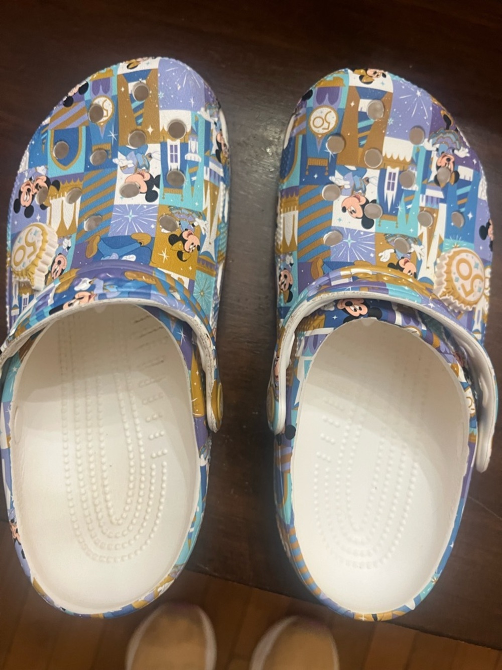 CROCS Kids Mickey Patchwork Blue, White & Gold Clogs 50th Anniversary Edition!